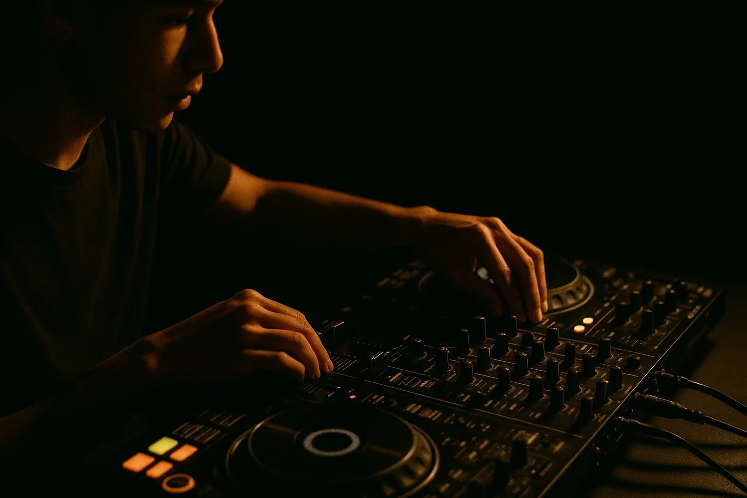 İzmir DJ kursunda DJ kontrolcüsü başında çalışan öğrencinin elleri